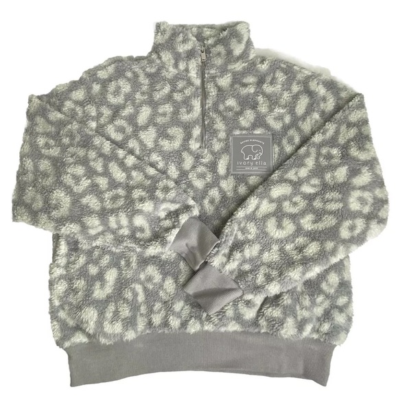 Ivory Ella Sherpa Fleece 1/4 Zip Pullover Leopard Print Pockets - Picture 1 of 7